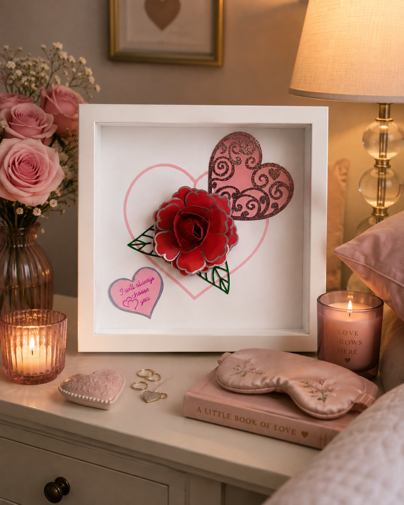 Hand Made Red Rose And Love Hearts Picture. A Romantic Gift For Someone Special
