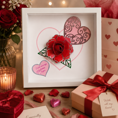 Hand Made Red Rose And Love Hearts Picture. A Romantic Gift For Someone Special