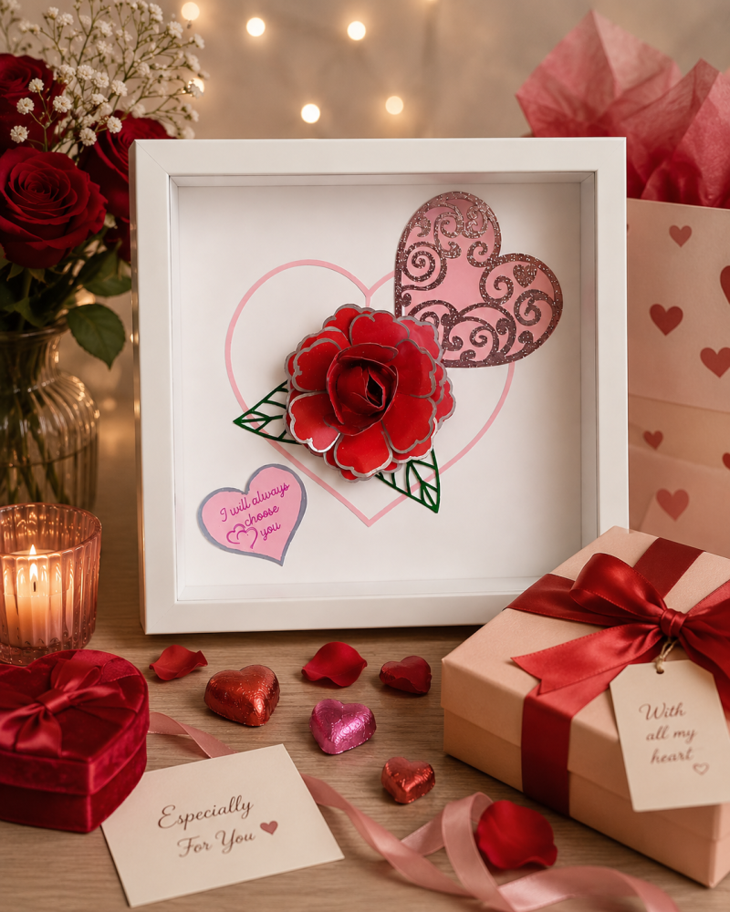 Hand Made Red Rose And Love Hearts Picture. A Romantic Gift For Someone Special