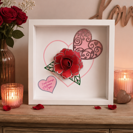 Hand Made Red Rose And Love Hearts Picture. A Romantic Gift For Someone Special