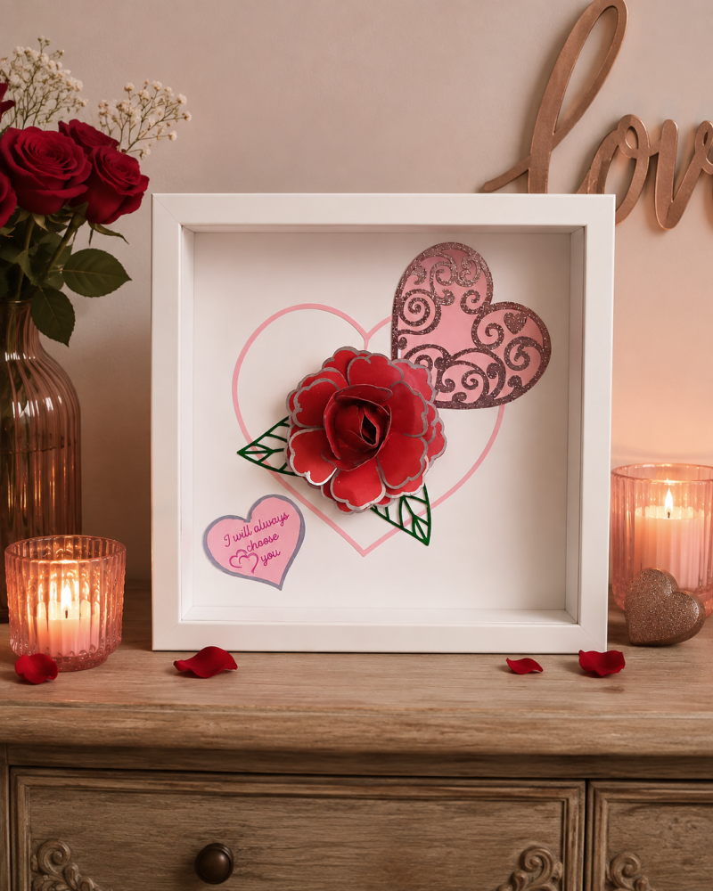 Hand Made Red Rose And Love Hearts Picture. A Romantic Gift For Someone Special