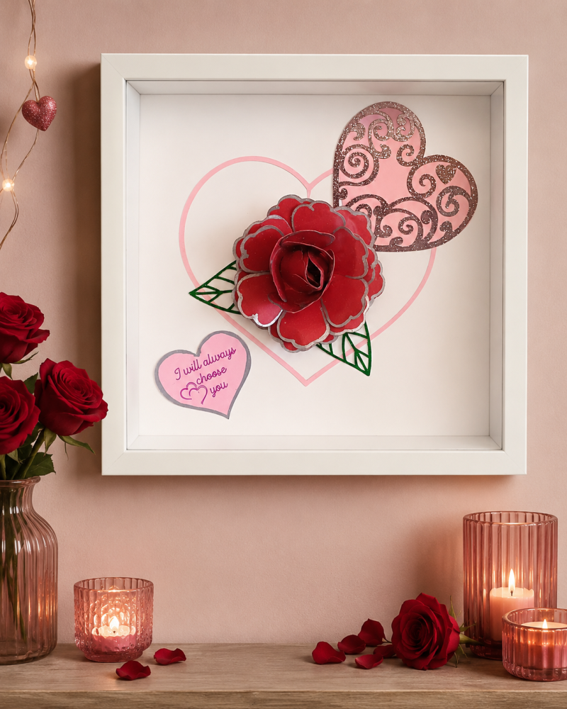 Hand Made Red Rose And Love Hearts Picture. A Romantic Gift For Someone Special
