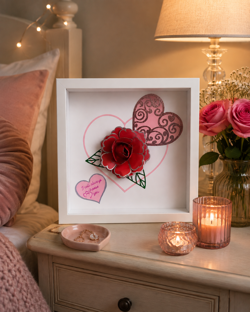 Hand Made Red Rose And Love Hearts Picture. A Romantic Gift For Someone Special