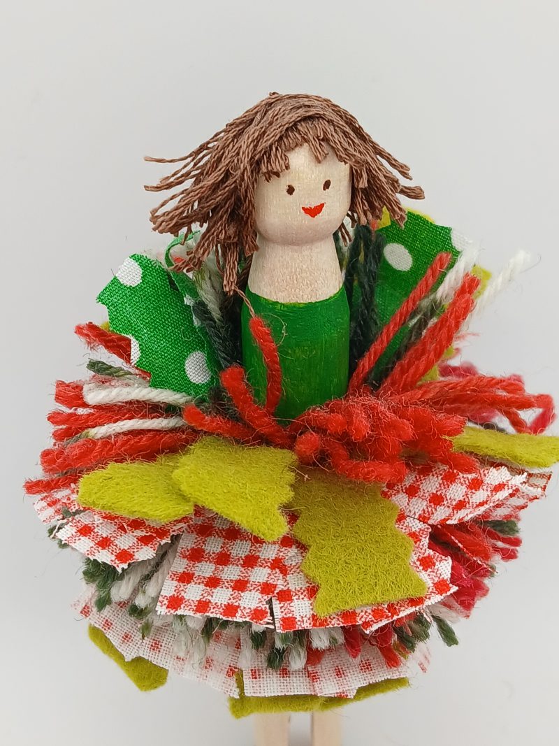 Handmade Whimsical Wooden Peg Doll Decoration, Unique Design, Holly Doll