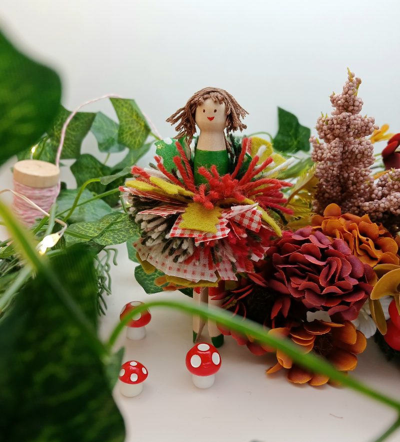 Handmade Whimsical Wooden Peg Doll Decoration, Unique Design, Holly Doll