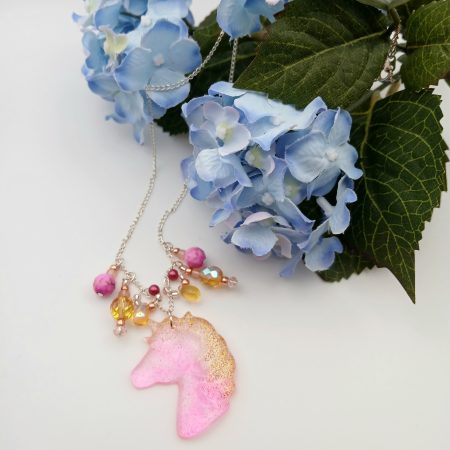 Bright Pink and Gold Glitter Unicorn Necklace with beads
