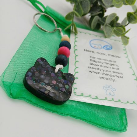 Handmade Black glitter Resin Cat charm on keyring with wooden beads