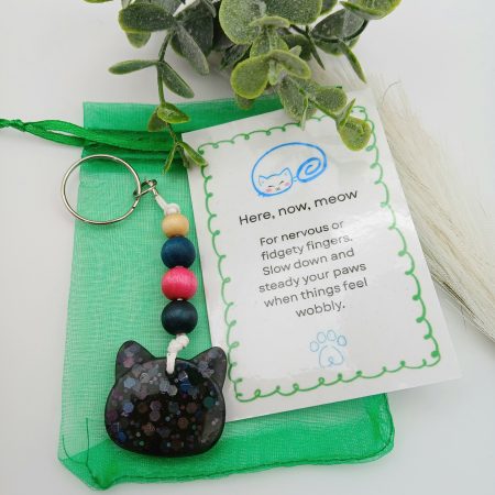Handmade Black glitter Resin Cat charm on keyring with wooden beads