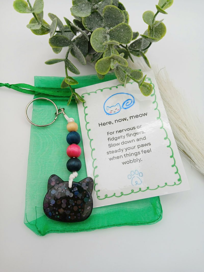 Handmade Black glitter Resin Cat charm on keyring with wooden beads