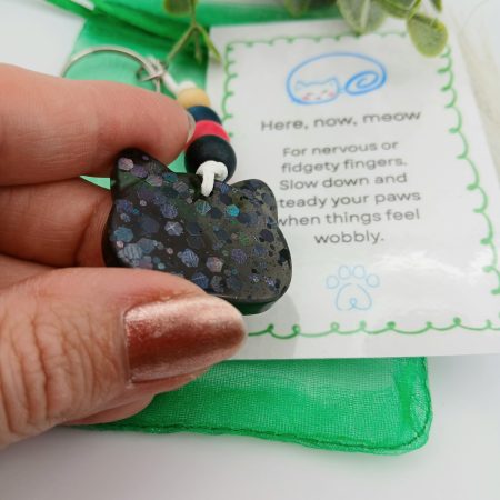 Handmade Black glitter Resin Cat charm on keyring with wooden beads