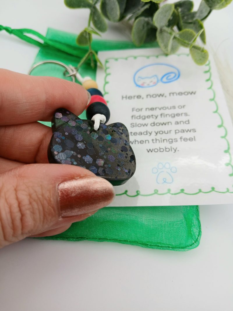Handmade Black glitter Resin Cat charm on keyring with wooden beads