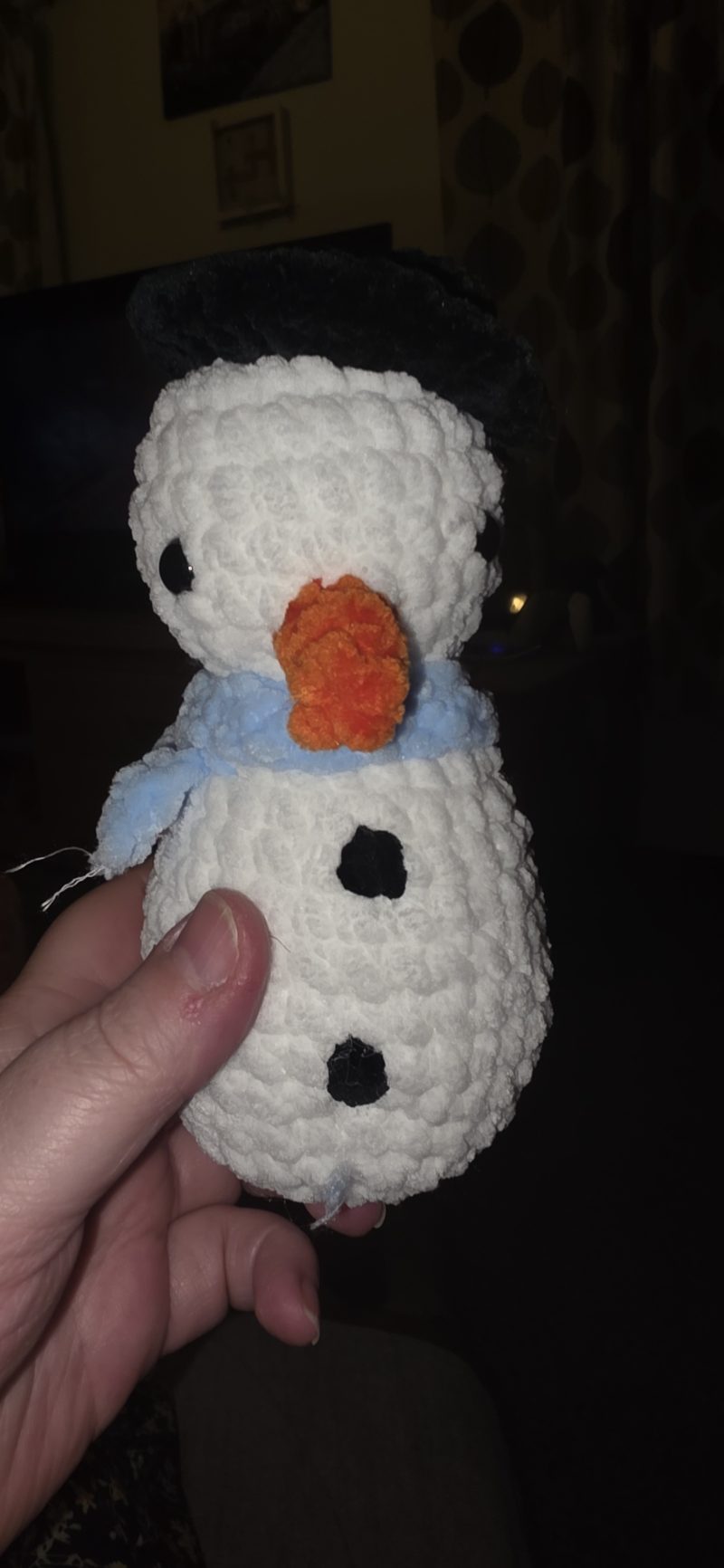 Handmade 6-Inch Crocheted Snowman Plushie with Custom Hat and Scarf