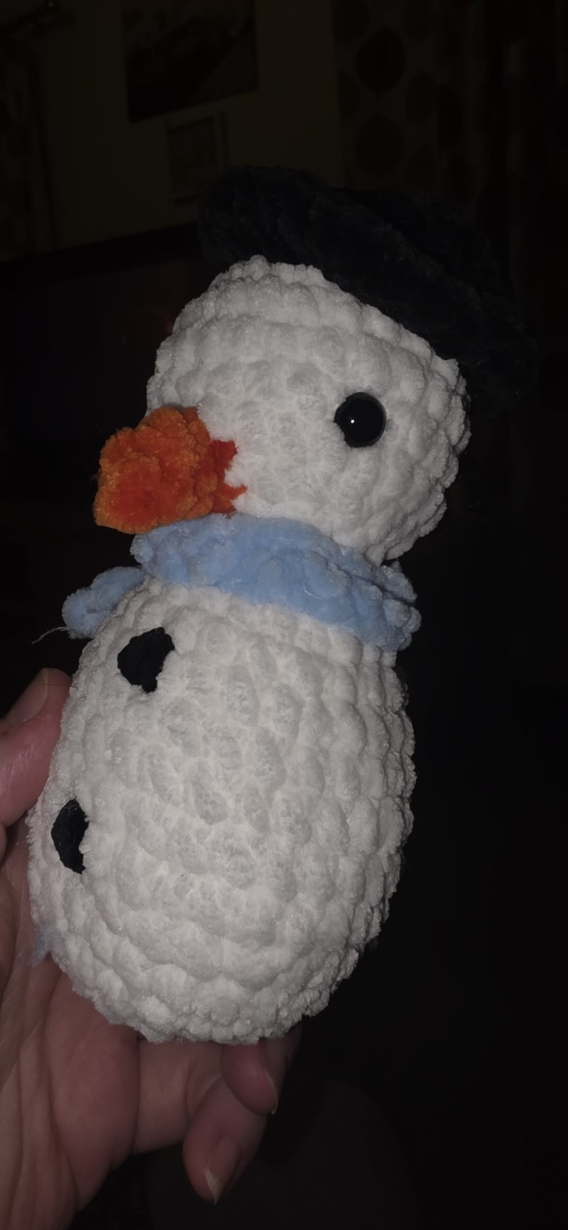 Handmade 6-Inch Crocheted Snowman Plushie with Custom Hat and Scarf