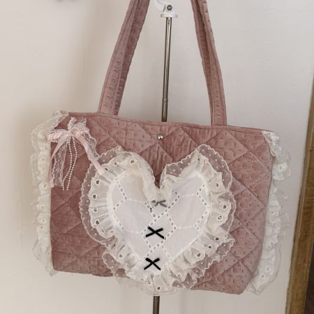 Pink Coquette Lace Heart Tote Bag | Handmade Vintage Style