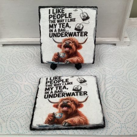 Set of Two Decoupaged Slate Coasters with highland cow image and a funny saying