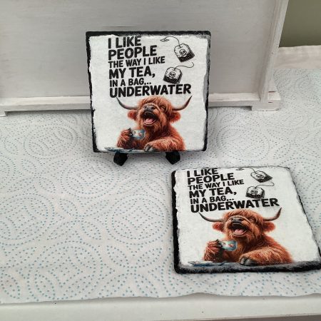 Set of Two Decoupaged Slate Coasters with highland cow image and a funny saying