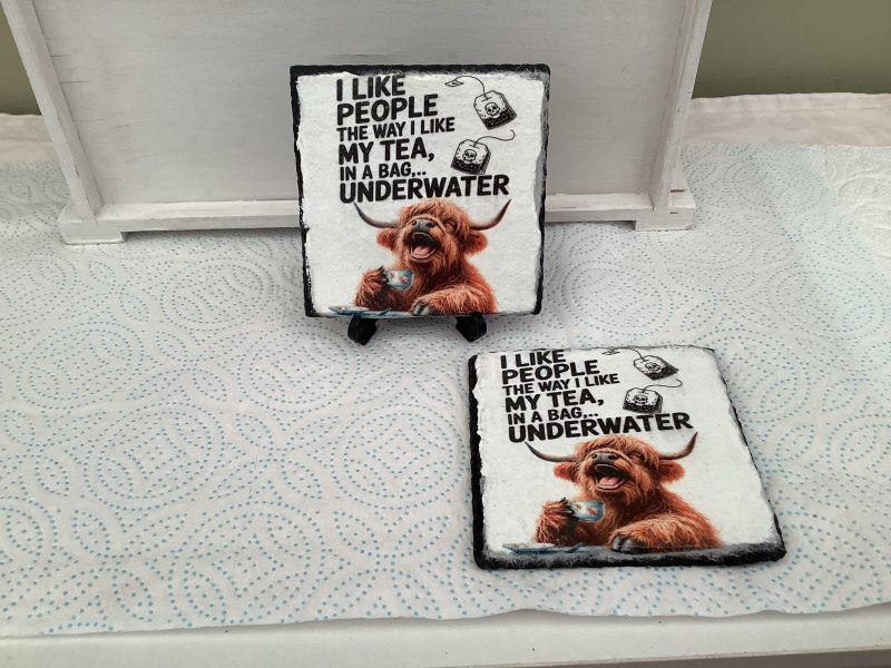 Set of Two Decoupaged Slate Coasters with highland cow image and a funny saying