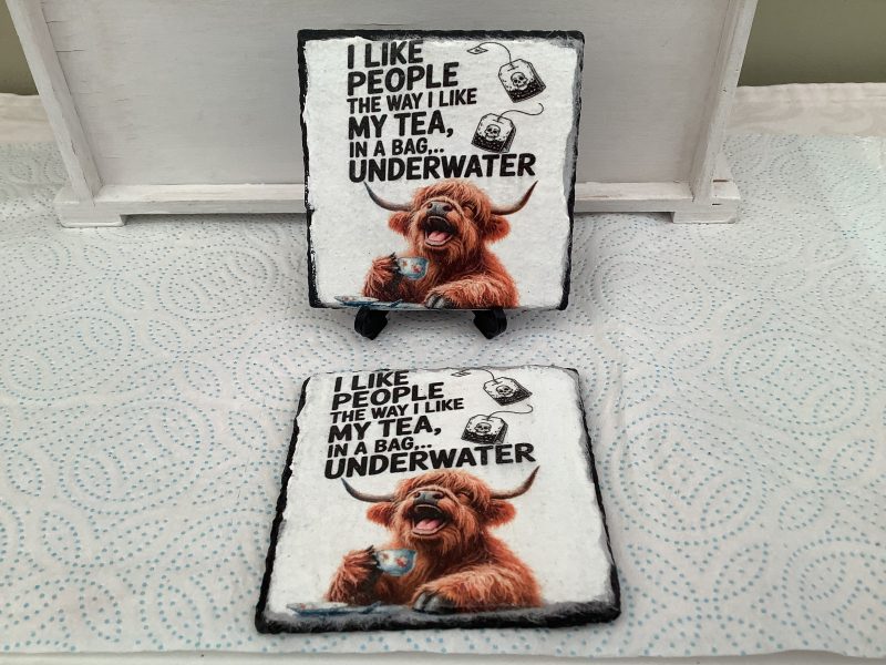 Set of Two Decoupaged Slate Coasters with highland cow image and a funny saying