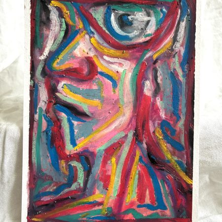 Full closeup detail of “Watcher,” an original A5 oil pastel artwork featuring vivid psychedelic colors, abstract organic forms, and richly layered expressive textures.