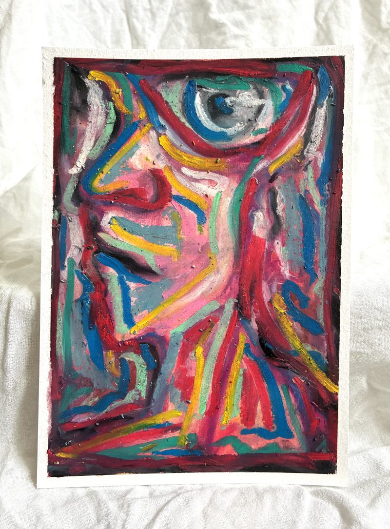Full closeup detail of “Watcher,” an original A5 oil pastel artwork featuring vivid psychedelic colors, abstract organic forms, and richly layered expressive textures.