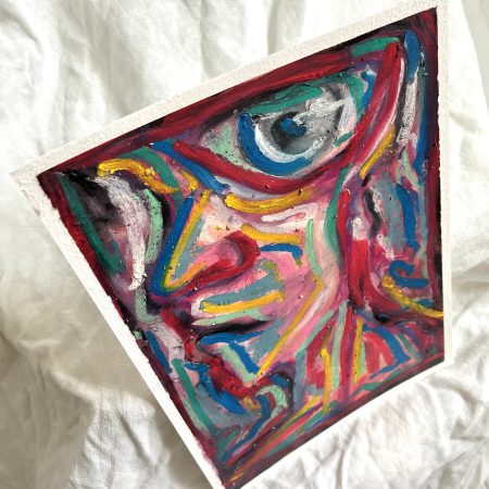 Closeup detail of “Watcher,” an original A5 oil pastel artwork filled with vivid psychedelic hues, organic abstract shapes, and expressive layers of richly textured marks.