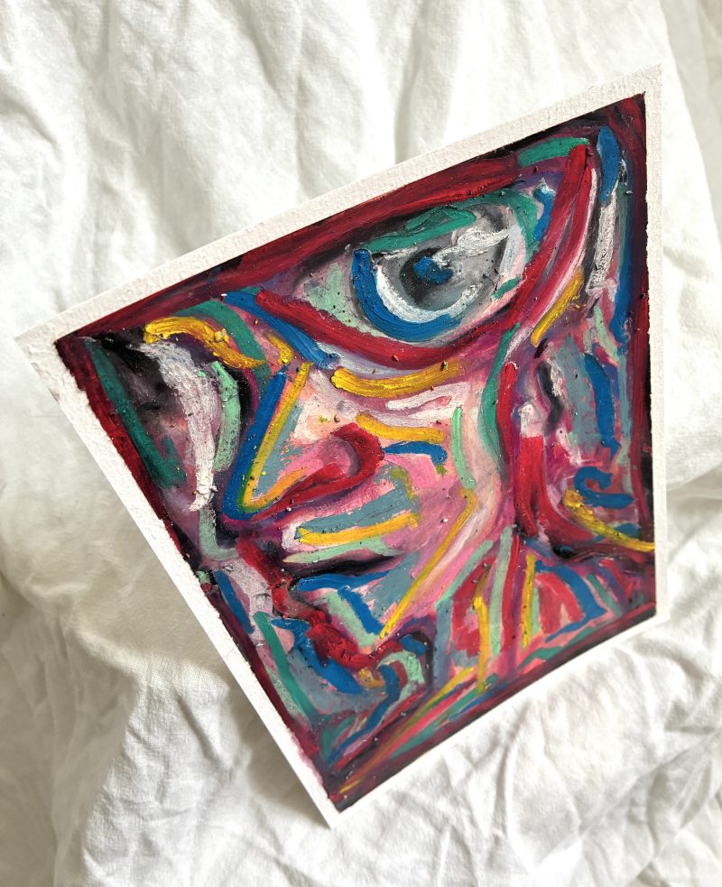 Closeup detail of “Watcher,” an original A5 oil pastel artwork filled with vivid psychedelic hues, organic abstract shapes, and expressive layers of richly textured marks.