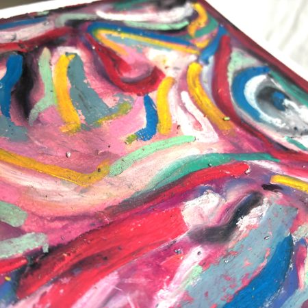 Closeup detail of “Watcher,” a vibrant original A5 oil pastel artwork combining bold psychedelic colors, abstract shapes, and intricate textured marks.