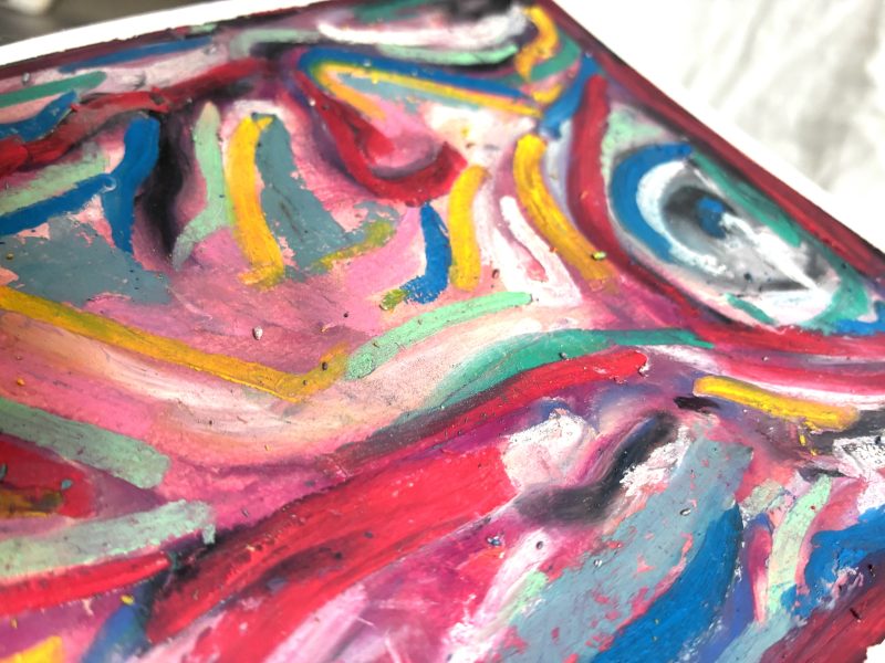 Closeup detail of “Watcher,” a vibrant original A5 oil pastel artwork combining bold psychedelic colors, abstract shapes, and intricate textured marks.
