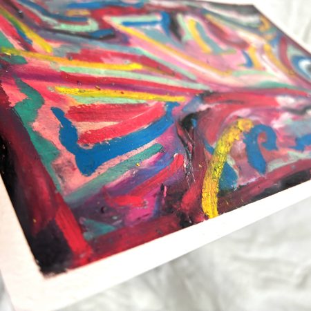 Closeup detail of “Watcher,” an original A5 oil pastel artwork with vibrant psychedelic colors, abstract forms, and richly layered expressive textures.