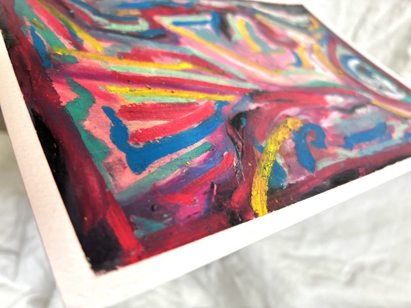 Closeup detail of “Watcher,” an original A5 oil pastel artwork with vibrant psychedelic colors, abstract forms, and richly layered expressive textures.