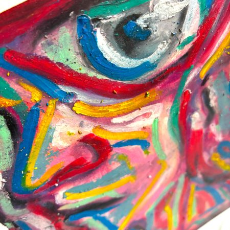Closeup of “Watcher,” an original A5 oil pastel artwork featuring vibrant, colorful psychedelic abstract forms and expressive layered textures.