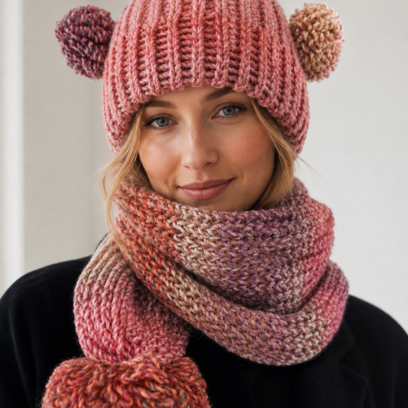 Pink & Rose Pom-Pom Ear Hat Scarf
