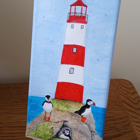 Hand-Painted Acrylic Canvas of Lighthouse and Puffins, 8x4 inches