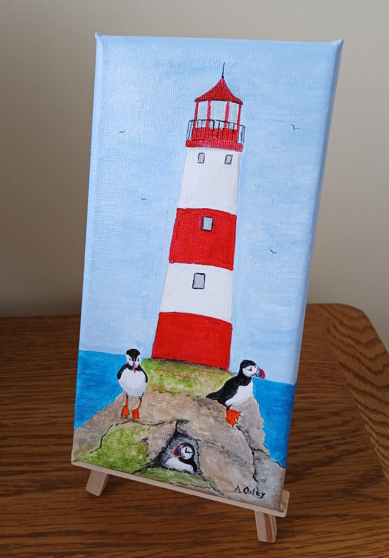 Hand-Painted Acrylic Canvas of Lighthouse and Puffins, 8x4 inches