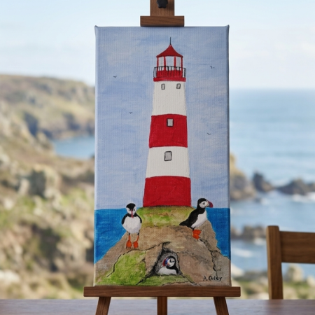 Hand-Painted Acrylic Canvas of Lighthouse and Puffins, 8x4 inches