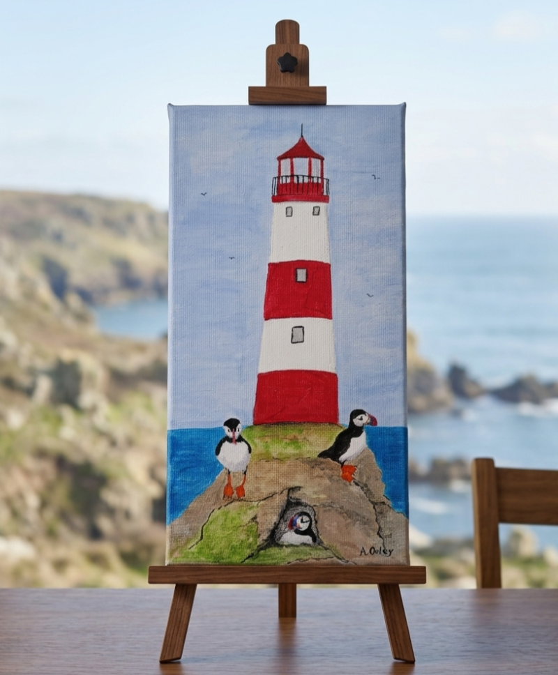 Hand-Painted Acrylic Canvas of Lighthouse and Puffins, 8x4 inches
