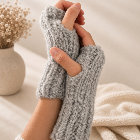 Hand-Knitted Grey Fingerless Gloves – Soft and Cosy