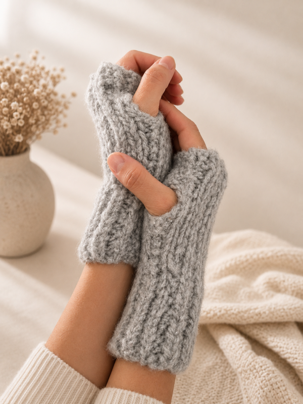 Hand-Knitted Grey Fingerless Gloves – Soft and Cosy