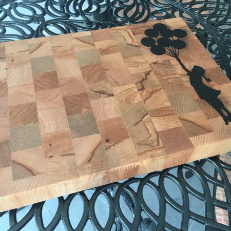 Hand Crafted Beech End Grain Cutting Board: Girl with Balloons Inlay