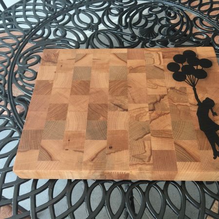 Hand Crafted Beech End Grain Cutting Board: Girl with Balloons Inlay