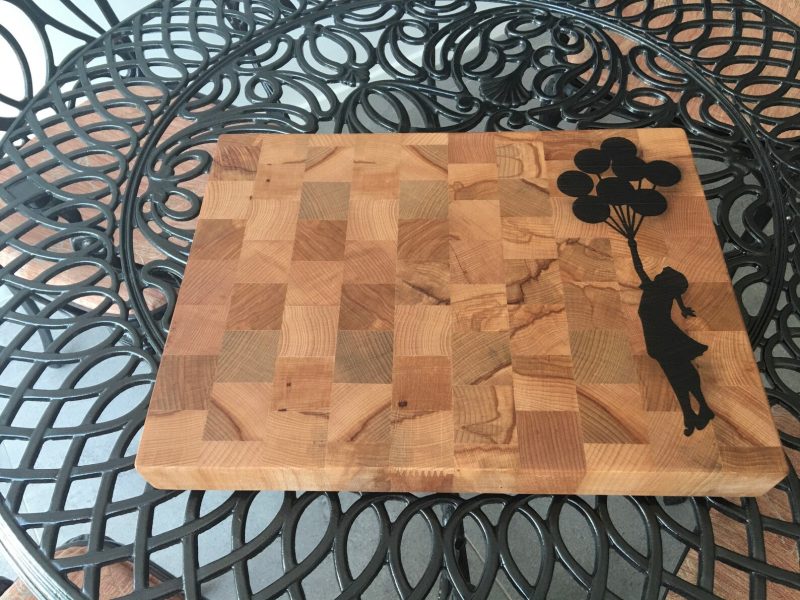 Hand Crafted Beech End Grain Cutting Board: Girl with Balloons Inlay