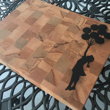 Hand Crafted Beech End Grain Cutting Board: Girl with Balloons Inlay
