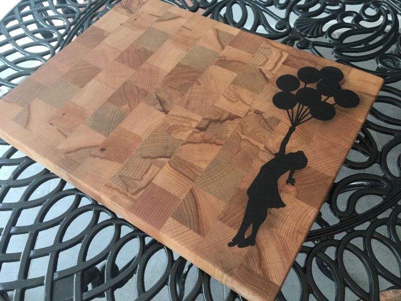Hand Crafted Beech End Grain Cutting Board: Girl with Balloons Inlay
