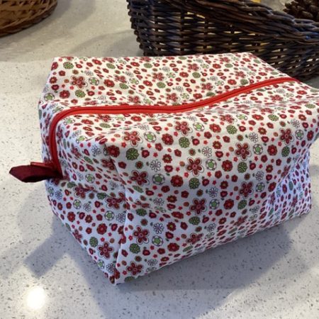 Pretty Red/White/Green Floral Fabric, Red Zipped, Toiletry/Cosmetic/Make Up Bag with two tone Burgundy Lining