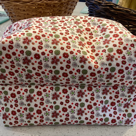 Pretty Red/White/Green Floral Fabric, Red Zipped, Toiletry/Cosmetic/Make Up Bag with two tone Burgundy Lining