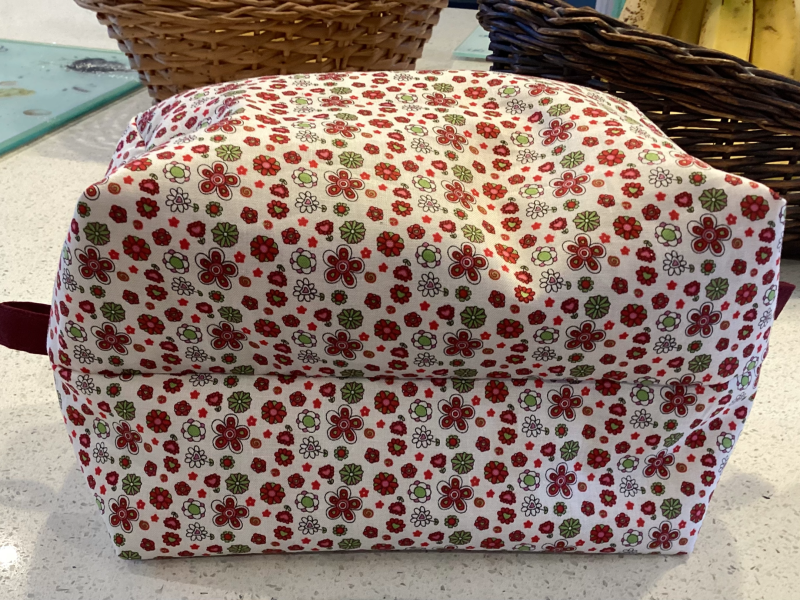 Pretty Red/White/Green Floral Fabric, Red Zipped, Toiletry/Cosmetic/Make Up Bag with two tone Burgundy Lining