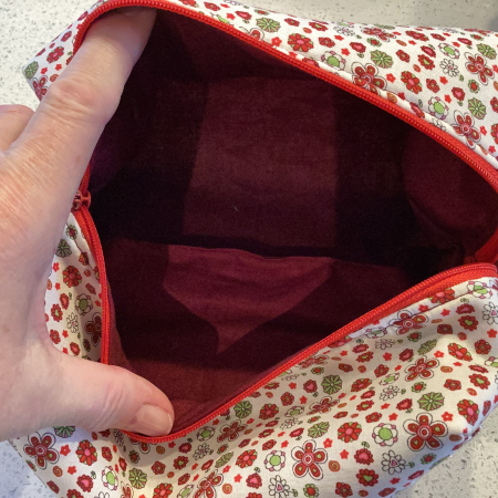 Pretty Red/White/Green Floral Fabric, Red Zipped, Toiletry/Cosmetic/Make Up Bag with two tone Burgundy Lining