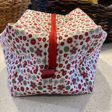 Pretty Red/White/Green Floral Fabric, Red Zipped, Toiletry/Cosmetic/Make Up Bag with two tone Burgundy Lining