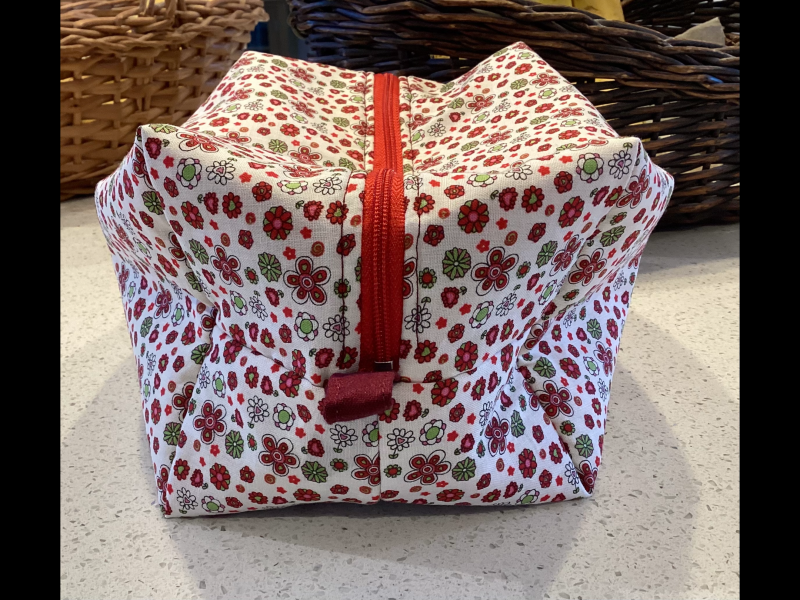 Pretty Red/White/Green Floral Fabric, Red Zipped, Toiletry/Cosmetic/Make Up Bag with two tone Burgundy Lining