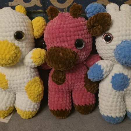 Handmade Crocheted Fruit Cows in Strawberry, Lemon, and Blueberry